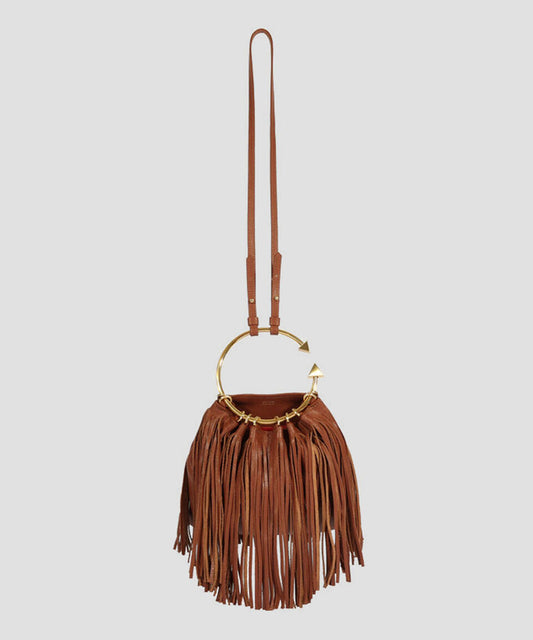 Bolsa crossbody café en piel Virgo con flequillos Mujer