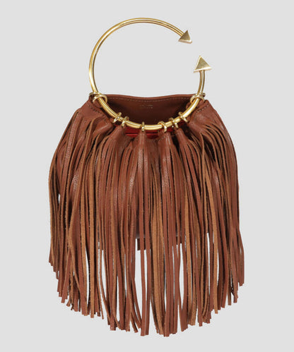 Bolsa crossbody café en piel Virgo con flequillos Mujer